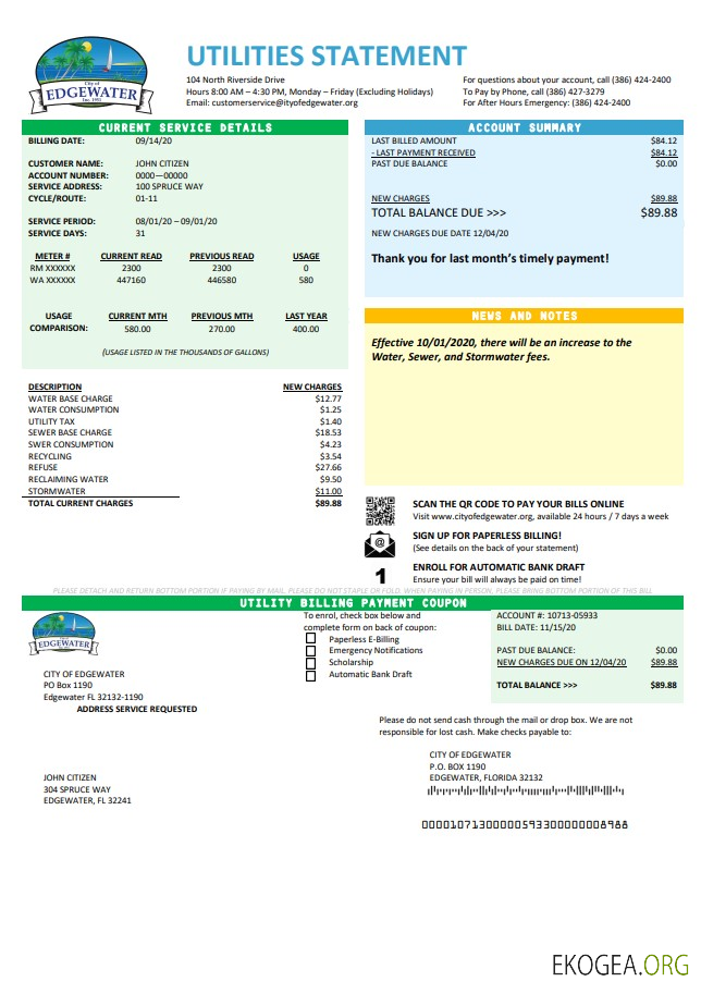 USA Florida City of Edgewater utility bill template in Word and PDF format